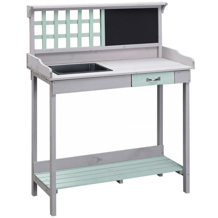 Outsunny Outdoor Wooden Potting Bench Table with Removable Sink, Garden Work Bench with Chalkboard, Drawer, Open Shelf Storage, Light Gray