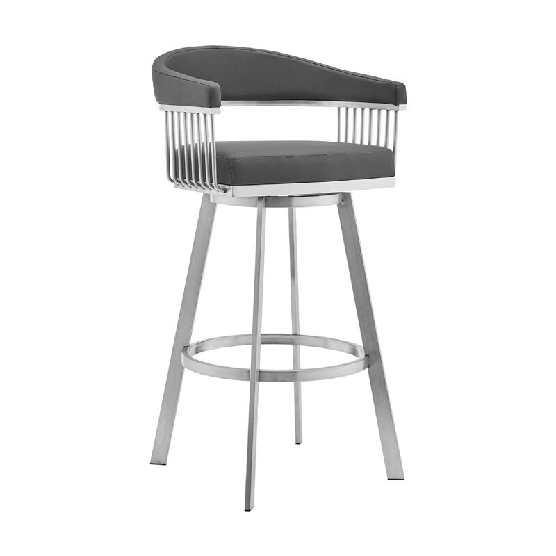 Swivel Barstool with Open Metal Frame and Slatted Arms, Gray and Silver-Benzara image number 1