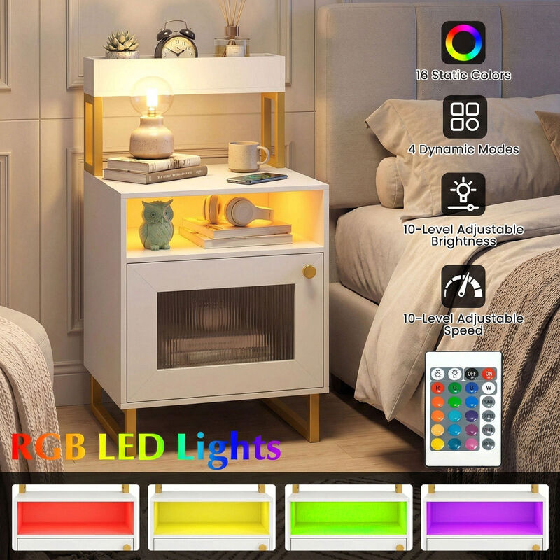 Modern End Table with LED Lights, Open Compartment and Storage Cabinet image number 4