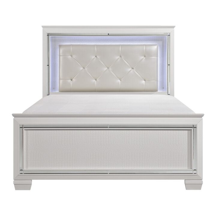 Noah Contemporary Queen Bed, LED Backlit Crystal Tufted Headboard, White-Benzara