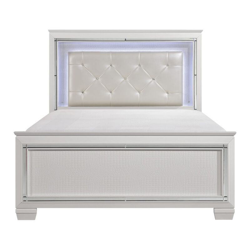 Noah California King Bed, LED Backlit Crystal Tufted Headboard, White - Benzara