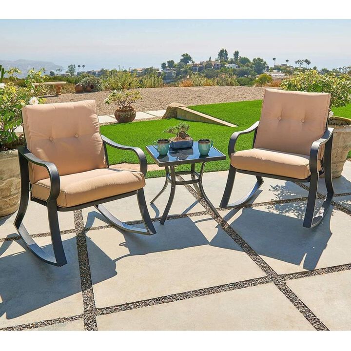 Hivvago 3-Piece Outdoor Patio Furniture Table Rocking Chairs Set with Beige Cushions