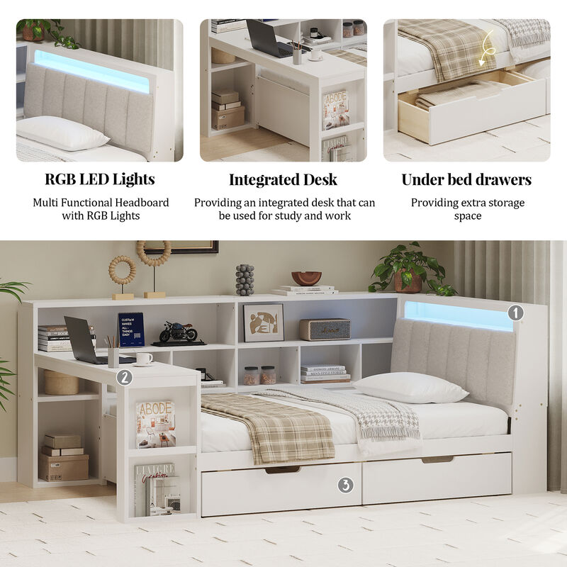 Merax L-shaped Wooden Daybed with Desk and Storage Bookcase