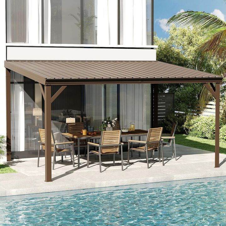 10X14FT Wall Mounted Gazebos Pergola with Built in Drainage System, Galvanized Steel Roof Hardtop Patio Shelter, Gray