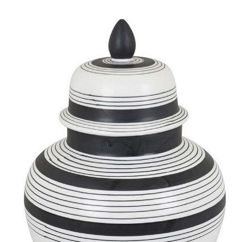 Decorative Jar w Lid, Minimalist Contrast, White Blue Lines, 16 Inch - Benzara