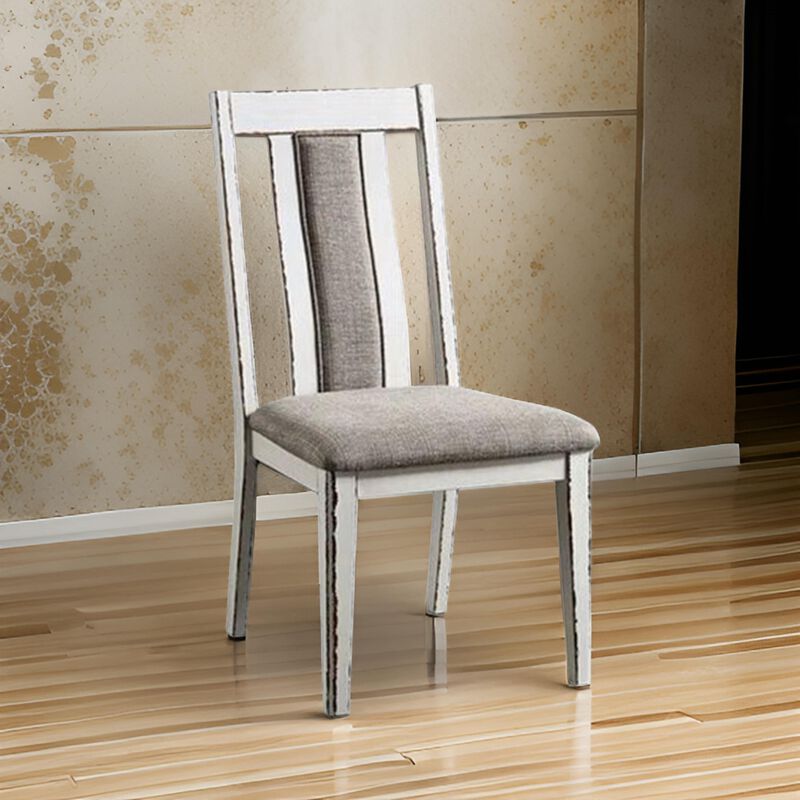 24 Inch Dining Side Chair Set of 2, Rustic White Wood, Gray Fabric Seat - Benzara