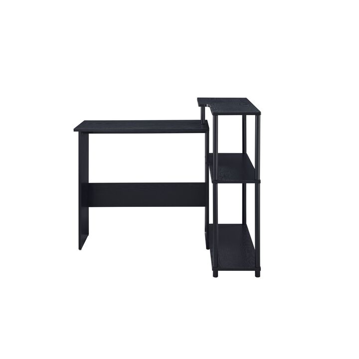 Writing Desk with L Shaped Design and 3 Tier Wooden Shelves, Black - Benzara