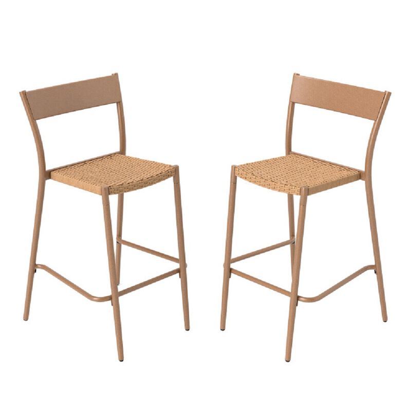2-Piece Patio Bar Stool Set &ndash; Rattan Woven Seat & Steel Back for Garden or Bar Counter
