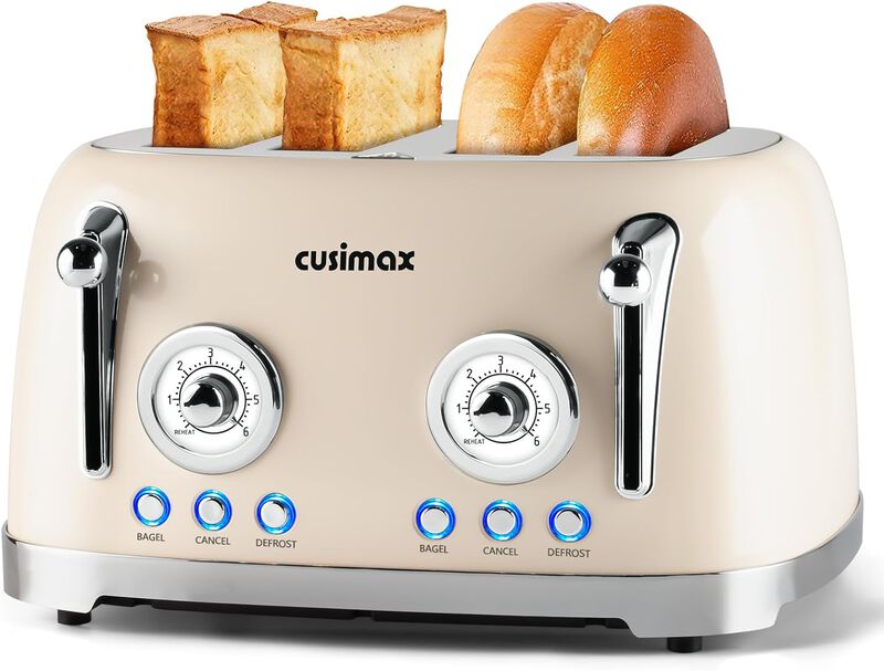 Cusimax Retro Toaster, 4 Slice with Extra Wide Slots for Bagels and Waffles, 6 Browning Levels and 4 Functions, Stainless Steel Toaster image number 0