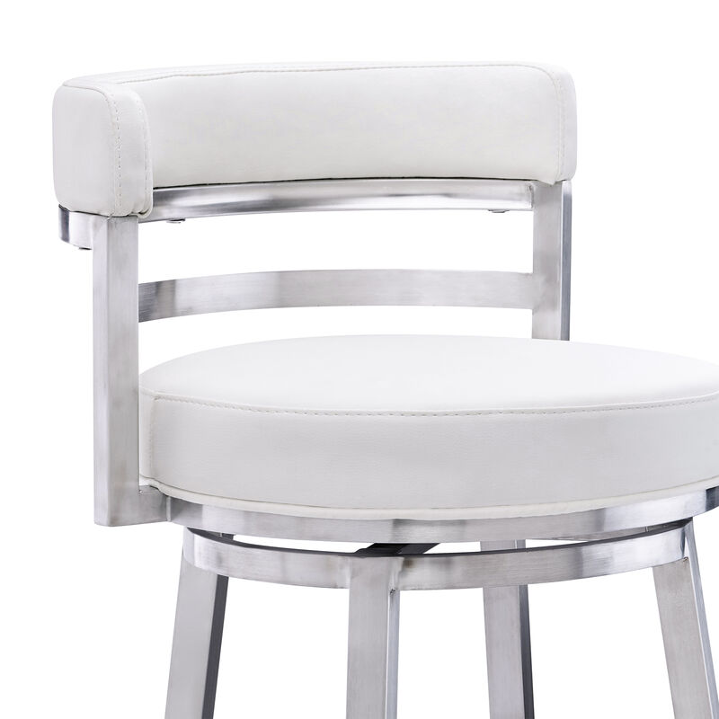 Eva 30 Inch Padded Swivel Bar Stool Chair, Steel Finish, White Faux Leather-Benzara image number 4