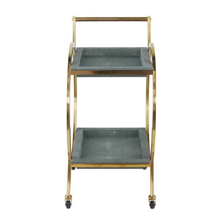 Sia 34 Inch Rolling Bar Cart, Round Steel Frame, Removable Trays Gray, Gold - Benzara