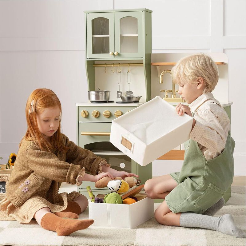 Wooden Play Kitchen with Toy Storage, Built-In Cabinets, Felt Bins & Cookware Accessories Make Cleanup Easy While Encouraging Organizational Skills image number 7