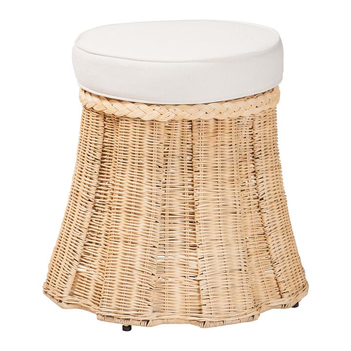 bali & pari Ying Round Natural Rattan Ottoman with Cushion - Handwoven Wicker Pleated Skirt Accent Coffee Table or Extra Seating for Living Room or Sunroom, Small