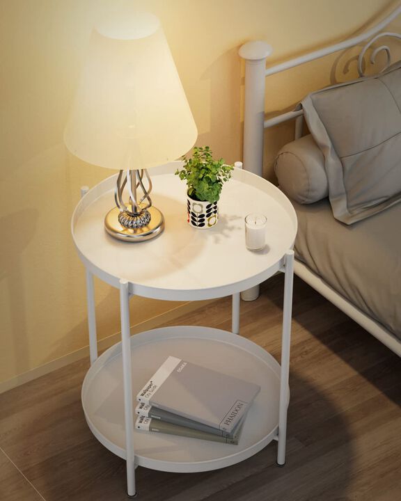 EKNITEY 2 Tier End Table - Metal Side Table Waterproof Small Sofa Coffee Side Tables Bedroom Indoor Outdoor with Removable Tray