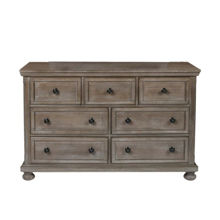 7 Drawer Wooden Dresser with Metal Pulls and Bun Feet, Distressed Brown