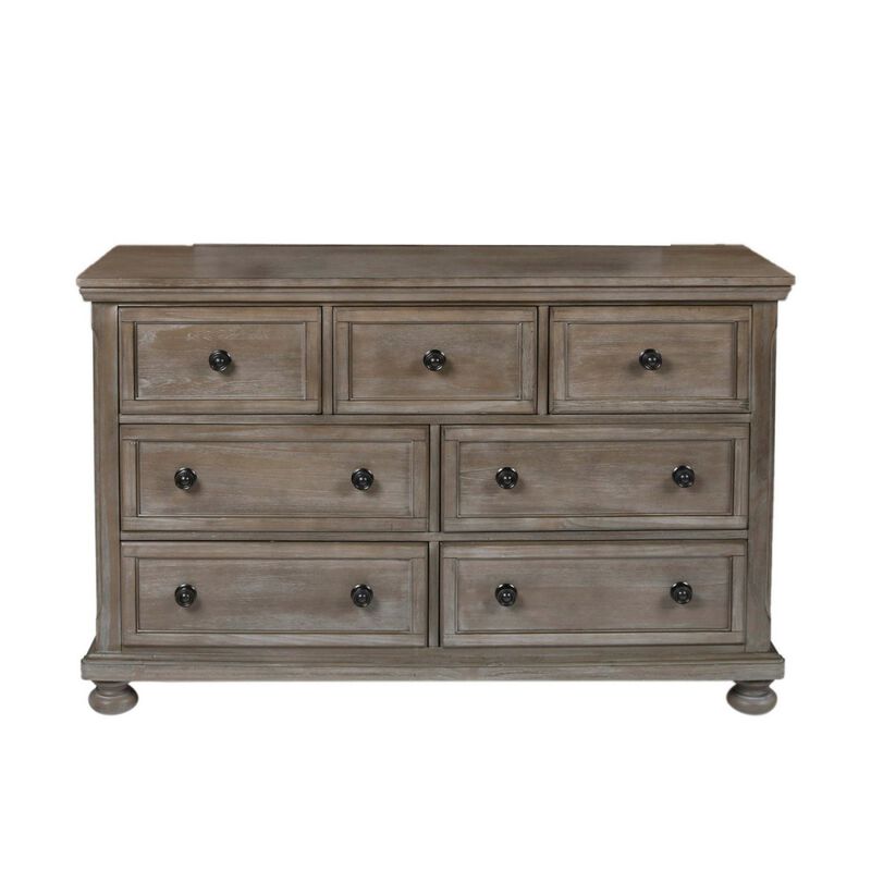 7 Drawer Wooden Dresser with Metal Pulls and Bun Feet, Distressed Brown