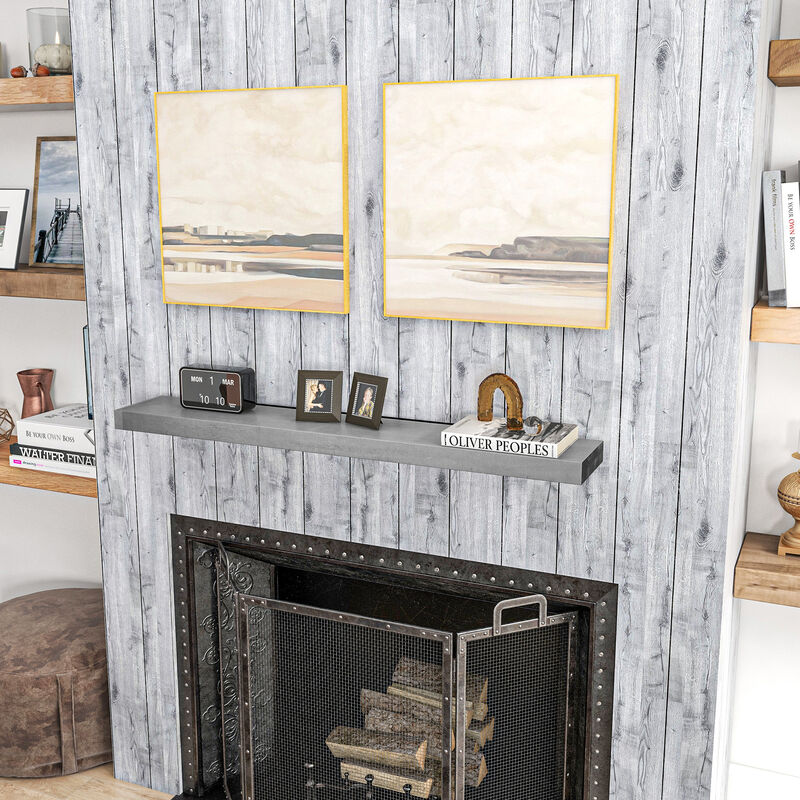 HOMCOM 48 Inch Fireplace Mantel, Floating Farmhouse Solid Fir Wood Shelf, Handmade Heavy Duty Wall Mounted Shelf, with Metal Bracket, Rustic Gray