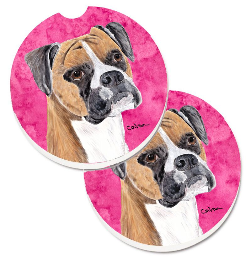 Caroline's Treasures Pink Boxer Set of 2 Cup Holder Car Coasters SC9121PKCARC, 2.56, Multicolor image number 0