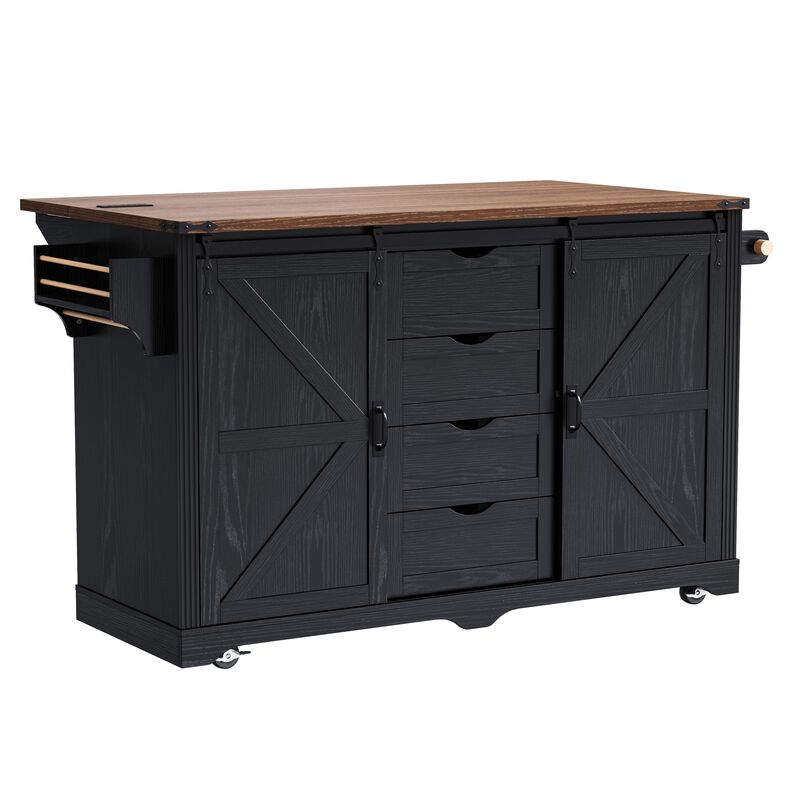 Merax Rolling Kitchen Island with Bar Cabinet, 2 Fridge Compartments, Sliding Barn Doors image number 0