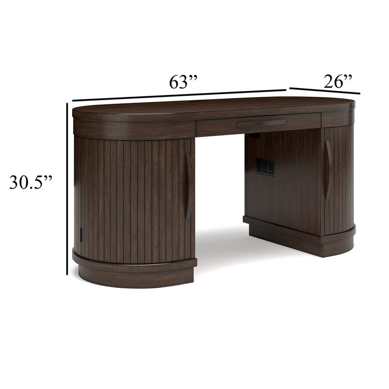 Jeno Home Office Desk, 2 Half Round Ribbed Doors, Brown Wood 63 Inch - Benzara