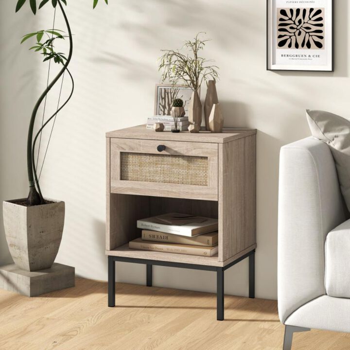 Hivvago Rattan Nightstand Boho End Table with Rattan Drawer and Open Shelf Set of 2