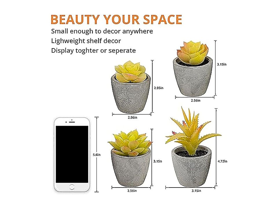 Set 4 Small Yellow Fake Succulent Plants Mini Artificial Succulents Bathroom