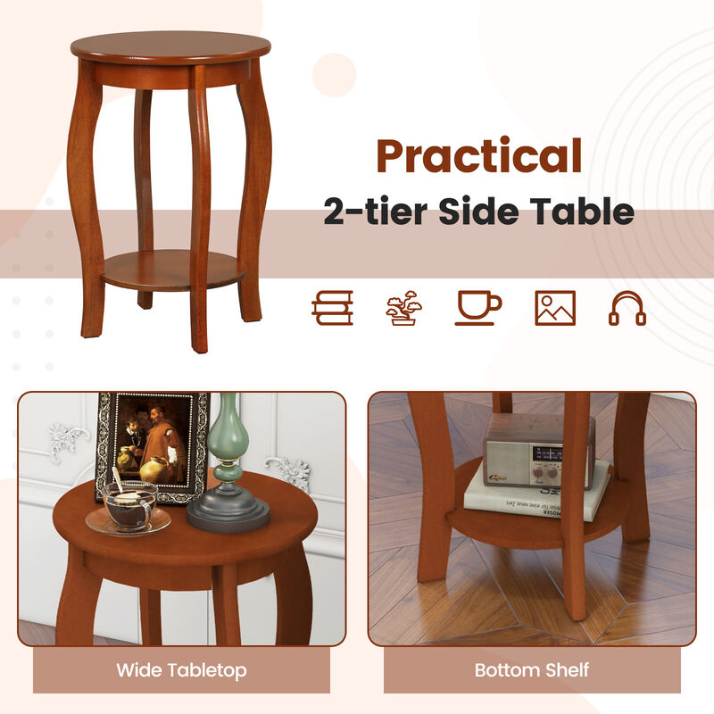 Set of 2 Round End Tables with 2-Tier Storage Shelf for Living Room or Bedroom