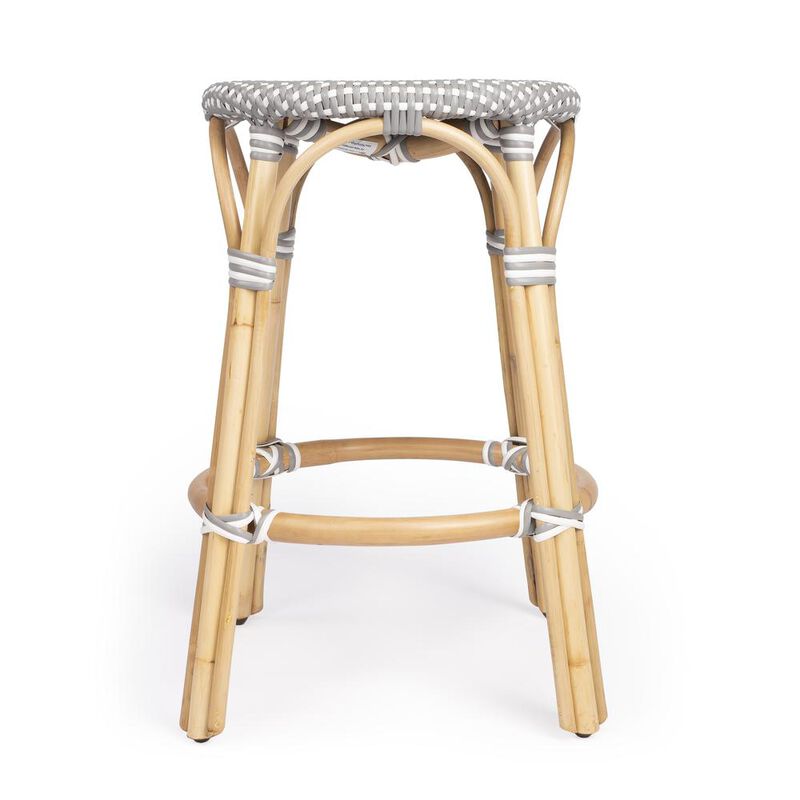 Butler Specialty Tobias Rattan Round 24 Counter Stool, Gray and White Dot
