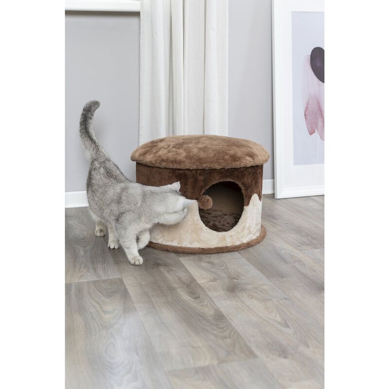TRIXIE Cozy Plush Cover Indoor Cat Condo with a Cat Toy on String, Brown-Beige image number 5
