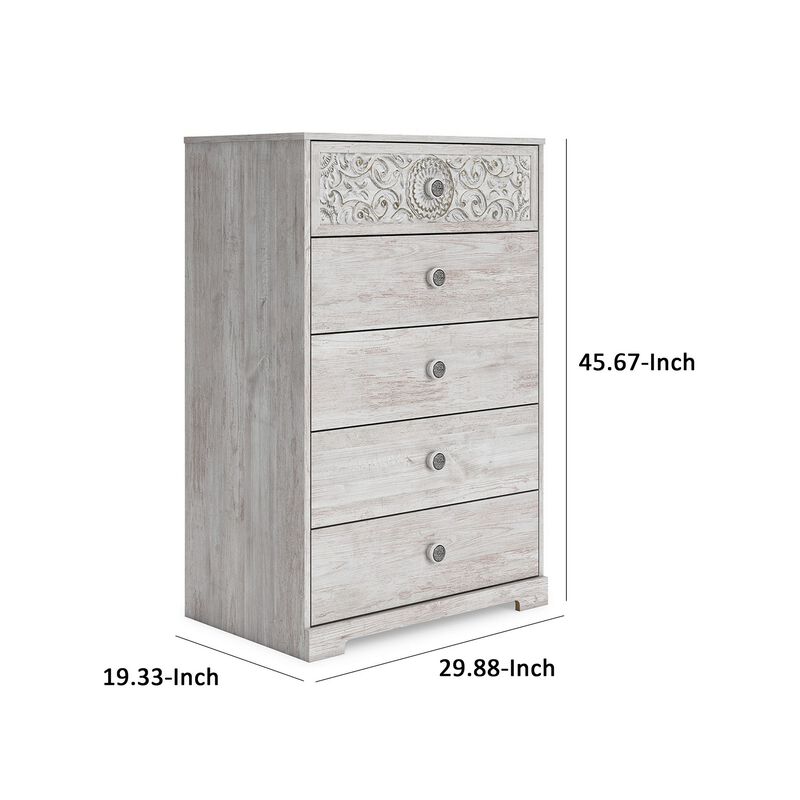 46 Inch 5 Drawer Modern Tall Dresser Chest, Whitewashed Carved Design Wood - Benzara