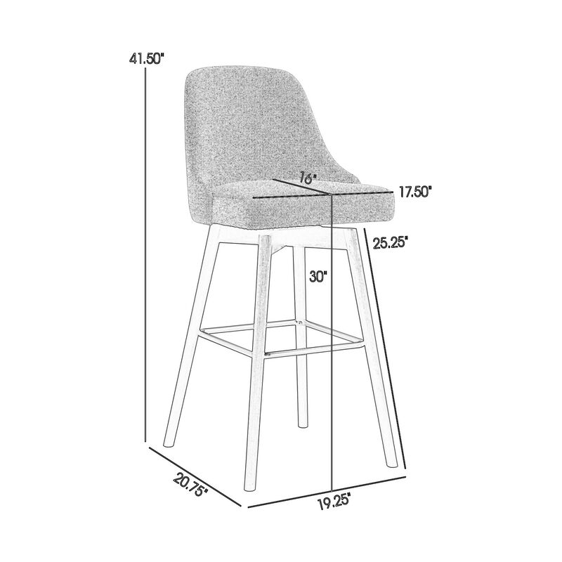 Sean 30 Inch Barstool Chair, Parson Style, Swivel, Light Gray Fabric, Black - Benzara