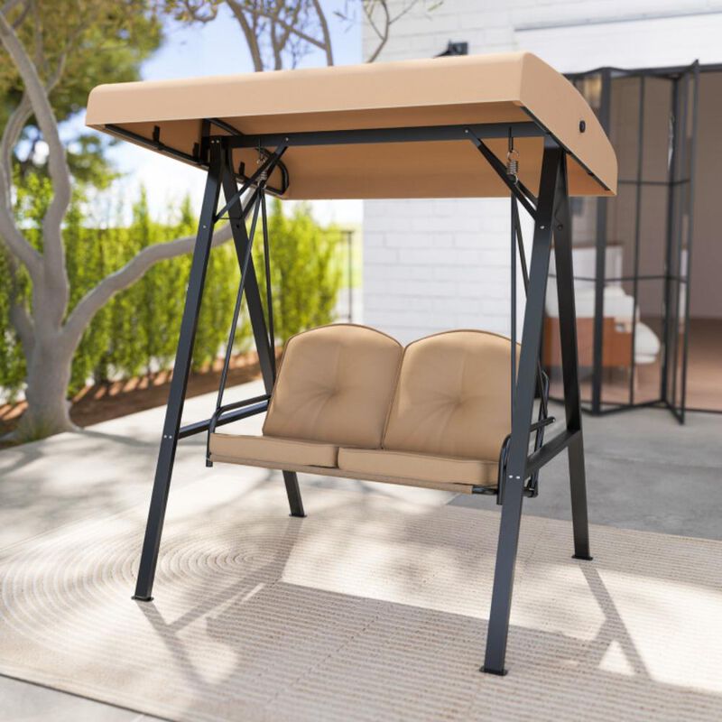 Hivvago 2-Person Outdoor Porch Swing with A-Shaped Metal Stand and Adjustable Canopy