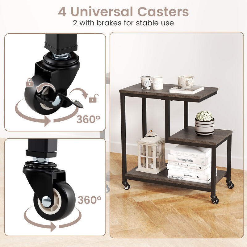 3-Tier Rolling Side Table with G-Shaped Frame and Open Display Shelves
