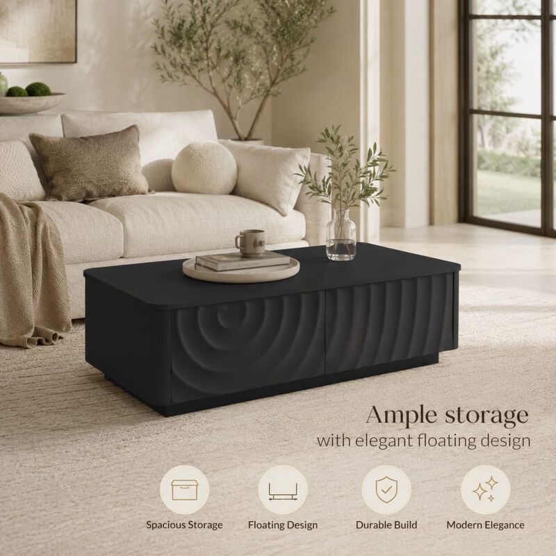 GOODSILO 47 Inch Rectangle Coffee Table with 2 Storage Drawers, Modern Classic Living Room Centerpiece Featuring Wave Texture and Floating Base Design image number 4