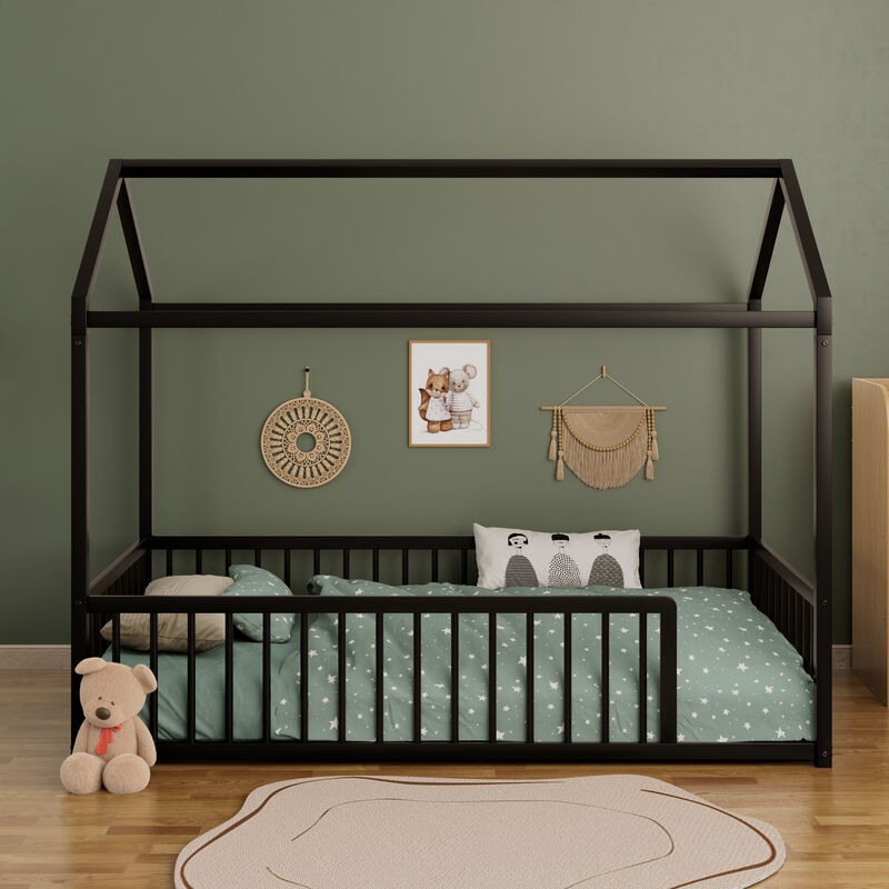 Merax Montessori Style Metal Floor Bed Frame, House Shaped Bed with Fence for Kids and Toddlers image number 4