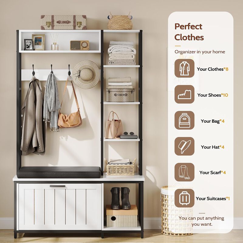 Hall Tree with Bench and Shoe Storage, 39.4" Entryway Bench with Coat Rack freestanding, Wall Rack 4 Hooks and Shelves, 39.37" x 15.74&ldquo; x 69.69" image number 3