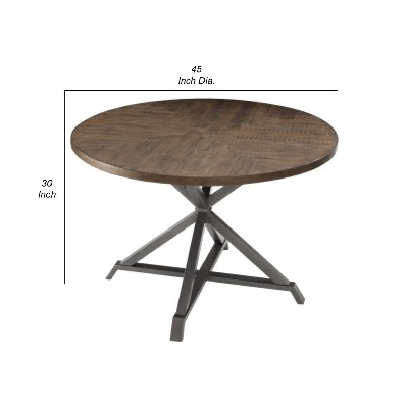 Fena Dining Table, Round 45 Inch Brown Wood Top, Gray Metal Star Base