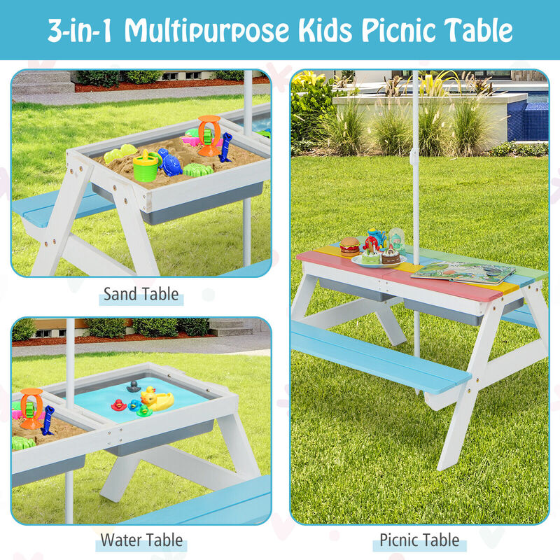 3-in-1 Kids Outdoor Picnic Water Sand Table with Umbrella Play Boxes in Blue