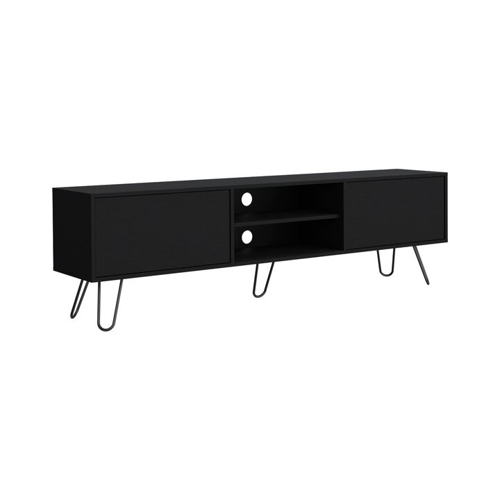 Vassel TV Rack, Entertainment Unit with Hinged Drawers and Hairpin Legs- Black