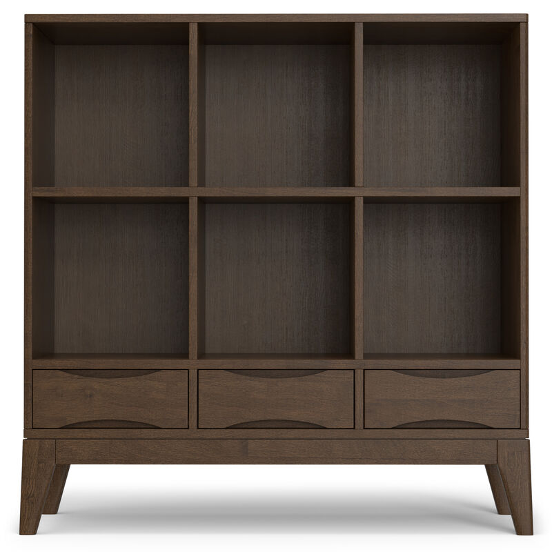 Harper SOLID HARDWOOD 43 inch x 42 inch Mid Century Modern Low 6 Cube Storage with Drawers in Walnut Brown