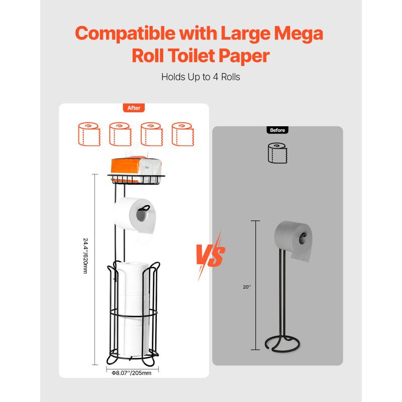 Freestanding Tissue Roll Holder with Shelf, Metal Toilet Paper Organizer for Bathroom Storage-Matte Black image number 5
