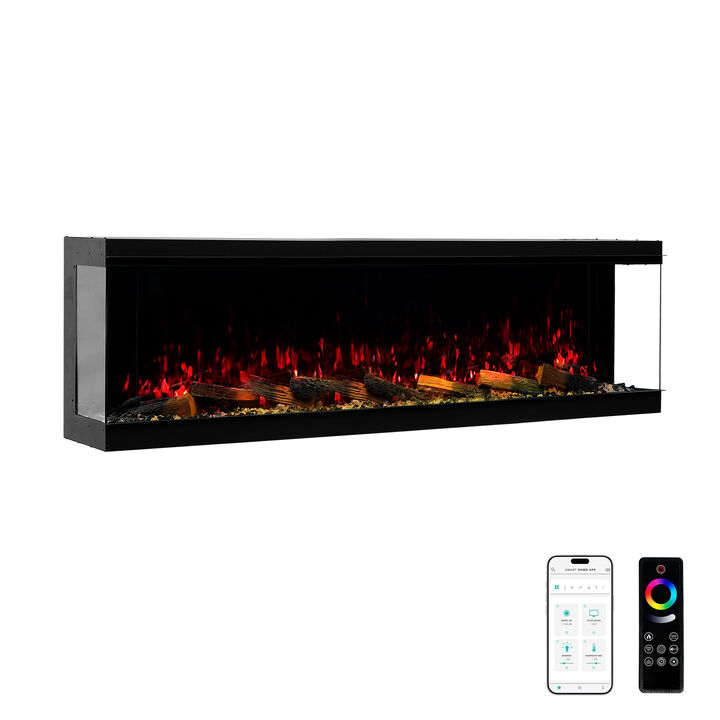 Mondawe Wall/Recessed Panoramic 60" Three-Sided Electric Fireplace With Multi-Color LED Flame and Smart Controls