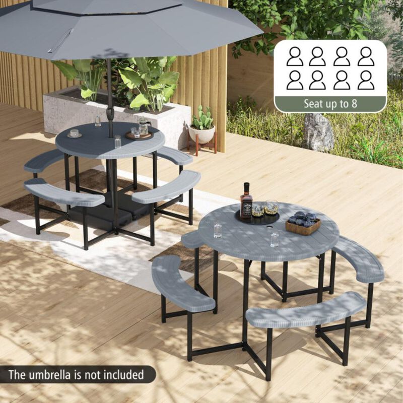 Hivvago Round Picnic Table Bench Set with 4 Benches and Umbrella Hole for Patio Lawn