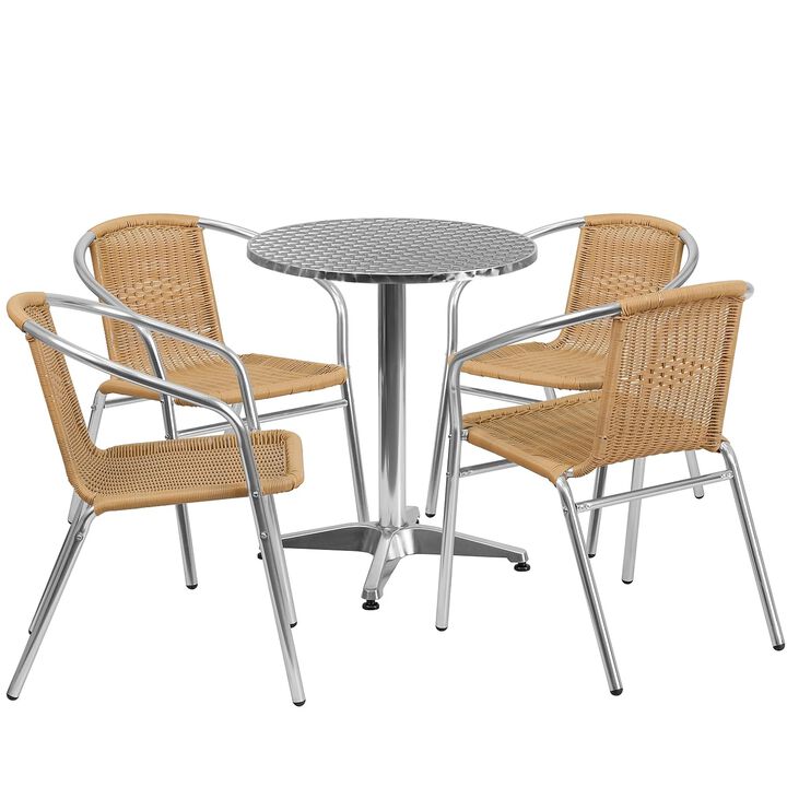 Flash Furniture Lila 23.5'' Round Aluminum Indoor-Outdoor Table Set with 4 Beige Rattan Chairs