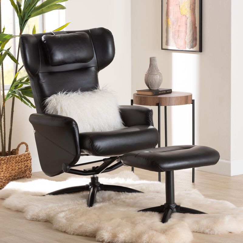 Baxton Studio Elwood Modern Black Faux Leather 2 Piece Lounge Chair and Footrest Set