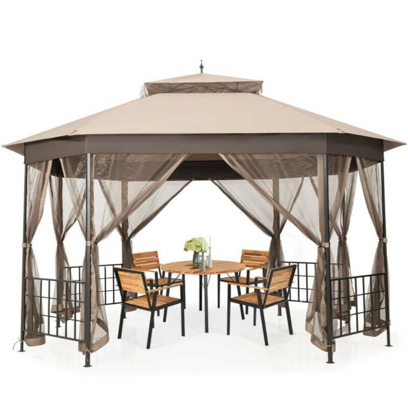 Hivvago Outdoor 10 x 12 Ft Octagon Gazebo with Mosquito Net Sidewalls and Beige Canopy