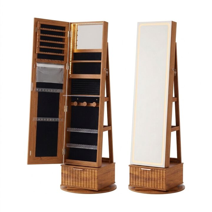 360&deg; Swivel Jewelry Cabinet with Full-Length Mirror, Lockable Storage, LED Lights and Rear Shelves