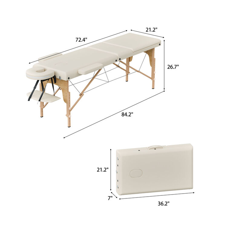 FUFU&GAGA Portable Folding Massage Bed with Solid Wood Legs & Metal Frame, Beige PVC Leather Top (Open: 84.2 in. W x 21.2 in. D x 26.7 in. H / Folded: 36.2 in. W x 7 in. D x 21.2 in. H), Beige