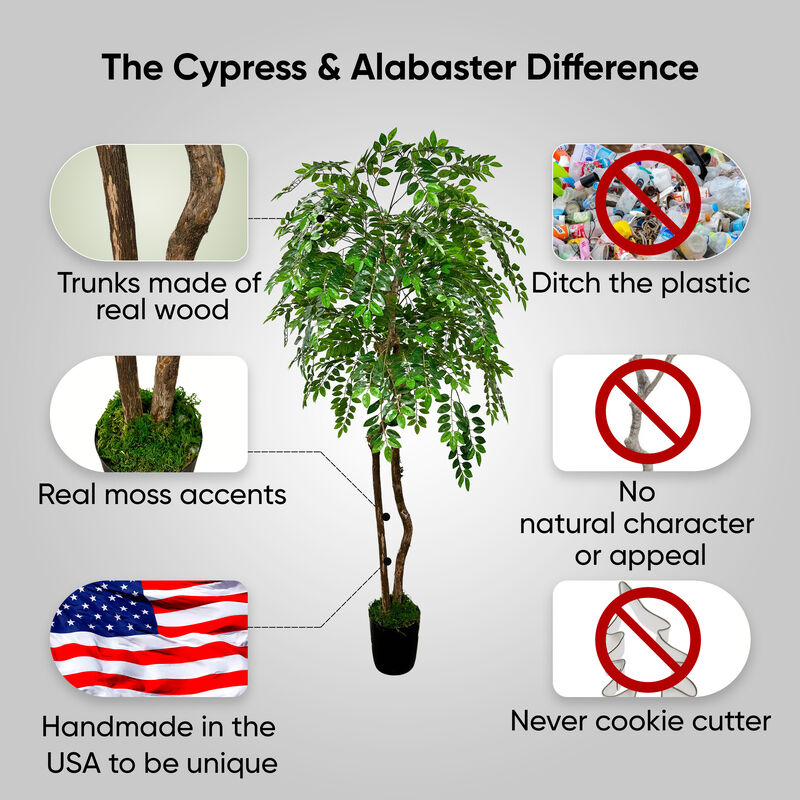 Handmade 6' Artificial Wisteria Tree In Home Basics Plastic Pot Made with Real Wood and Moss Accents