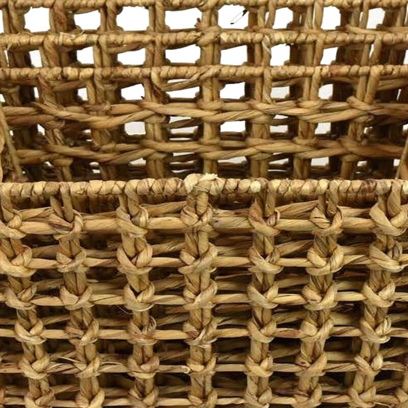 Set of 4 Storage Baskets, Intricately Woven Hyacinth Rope Handles, Brown - Benzara